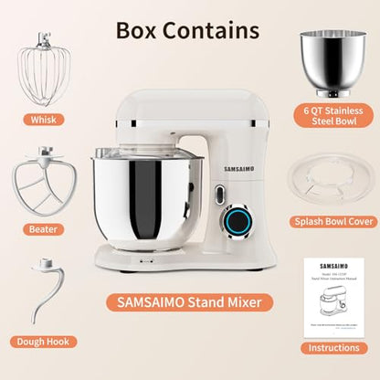 SAMSAIMO 3-IN-1 Electric Stand Mixer, 10-Speed With Pulse Button, Attachments include 6.5QT Bowl, Dough Hook, Beater, Whisk for Most Home Cooks (Almond Cream)