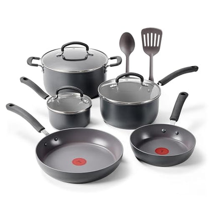 T-Fal Ultimate Hard Anodized Nonstick 10 Piece Cookware Set, Oven Safe Up to 400°F, Dishwasher Safe, Pots and Pans Set, Includes Frying Pans, Saucepan, Stockpot, Cooking Utensils, Stone
