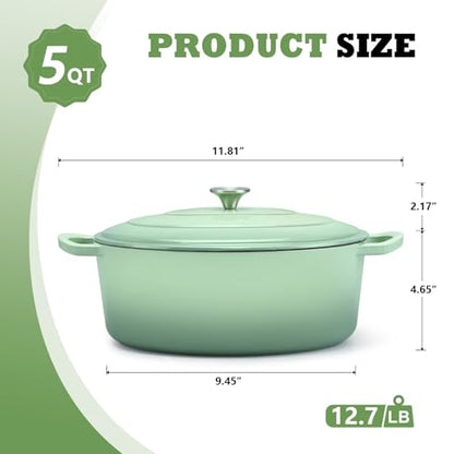 P&P CHEF Oval Dutch Oven with Lid, Enameled Cast Dutch Oven Pot for Bread Baking, Braising, Stewing, Roasting, Non-Stick & Oven Safe, Dual Handles & Easy Clean, 5QT & Pistachio Green, Valentine's Day