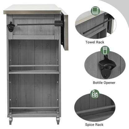 P PURLOVE Outdoor Kitchen Island with Stainless Steel Top and Ample Storage Space, Fir Wood Kitchen Cabinet with Towel, Spice Racks and a Bottle Opener for Outdoor, Grey