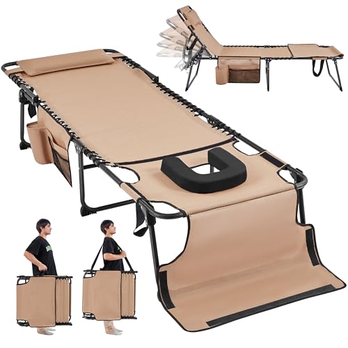 Yaheetech 26.4" Tanning Chair with Face Hole, Adjustable 5-Position Folding Chaise Lounge Chairs, Outdoor Lounge Chairs for Lawn, Beach, Patio, Beige