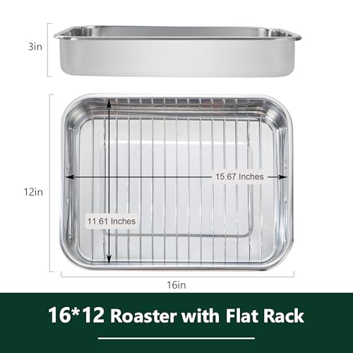 Stainless Steel Roasting Oven Pan: Roaster Pans With Rack & Handles 16.5 * 12.4 * 3 inches - Kitchen Baking Appliances for Turkey Chicken Beef - Kitchen Cookware Gifts for Women Homeowner