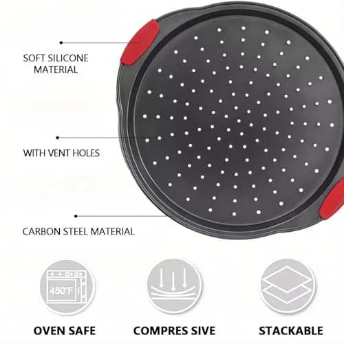 ZOEHROWS 13 Inch Pizza Pan for Oven (2 Pack) Round Pizza Pan with Holes - Non-Stick Carbon Steel Pizza Tray with Silicone Handles - for Cooking, Baking, and Grilling - Dishwasher Safe