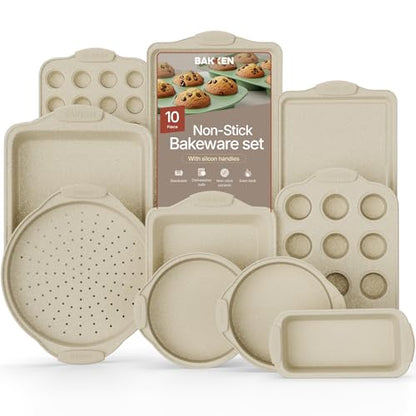 BAKKEN Kitchen Oven Baking Pans - Nonstick Gray Coating, Carbon Steel Bakeware Set with White Silicone Handles, Commercial Restaurant Quality Pans, PFOA, PFOS, PTFE Free, Oven Safe (450° F), Set of 10