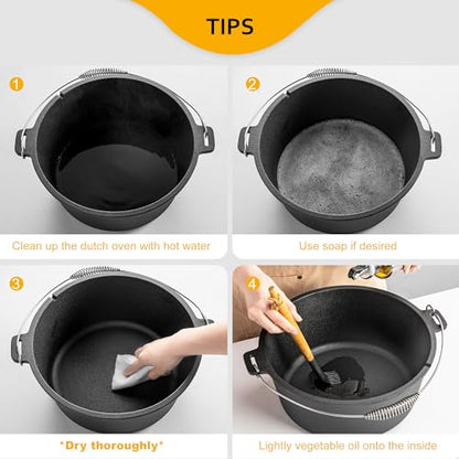Velaze 10QT Camping Dutch Oven, Pre-Seasoned Cast Iron Camp Dutch Oven Pot with Lid, for Use in the Oven, on the Stove, Grill, or over the Campfire - Metal Handle, Lid Lifter, and Stand Support