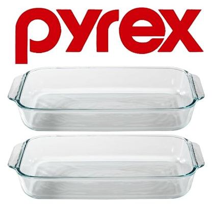 Pyrex Basics 3 Quart Oblong Glass Baking Dish, Clear 9 x 13 inch - Set of 2 - Original Genuine Pyrex - Made in the USA