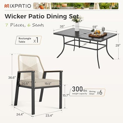 MIXPATIO 7 Pieces Outdoor Dining Set for 6, Patio Dining Set Wicker Rattan Chairs with Soft Cushion and Metal Rectangular Table, Wicker Patio Table and Chairs for Backyard Porch