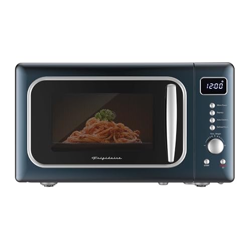 Frigidaire, 0.7 Cu. Ft. Retro Countertop Microwave Oven, 700W Compact Microwave with 8 Auto Cook Menus, Auto Defrost, 5 Power Levels, LED Display, Glass Turntable, Azure-Argent