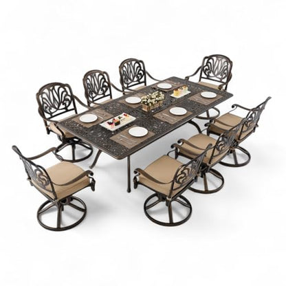 Ailismail 𝟗 𝐏𝐢𝐞𝐜𝐞 Outdoor Dining Set Cast Aluminum Furniture Set, Retro Patio Dining Set for 8 Includes 86.6’’ Table & 6 Swivel Chairs with Cushion and Umbrella Hole for Patio Deck Poolside