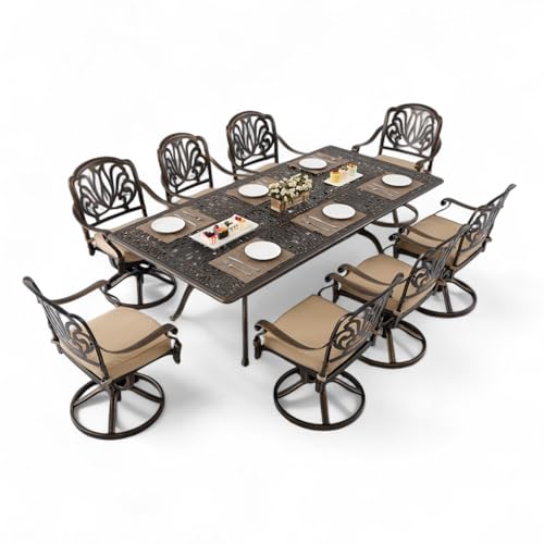 Ailismail 𝟗 𝐏𝐢𝐞𝐜𝐞 Outdoor Dining Set Cast Aluminum Furniture Set, Retro Patio Dining Set for 8 Includes 86.6’’ Table & 6 Swivel Chairs with Cushion and Umbrella Hole for Patio Deck Poolside