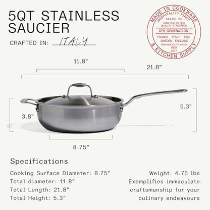 Made In Cookware | 5 Quart Stainless Steel Saucier Pan | 5 Ply Stainless Clad | Professional Cookware | Crafted in Italy | Induction Compatible