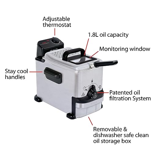 T-fal Compact EZ Clean Stainless Steel Deep Fryer with Basket for Home Use, 1.8 Liter Oil and 1.7 Pound Food Capacity, 1200 Watts, Easy Clean Temp Control, Oil Filtration, 1.8 L