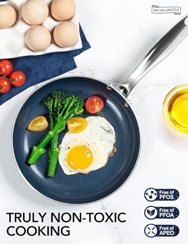 MICHELANGELO Small Frying Pan - 8 Inch Nonstick Frying Pan with Lid, Non-Toxic Omelette Pan with Stainless Handle, Nonstick Skillet, Blue-Ceramic