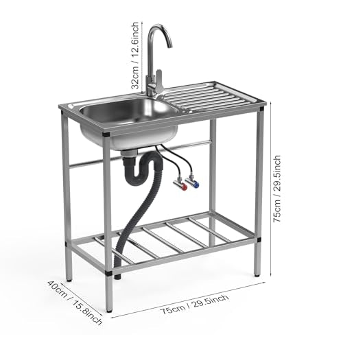 Stainless Steel Utility Sink Set, Freestanding Single Bowl Kitchen Sink, Outdoor Sink Station with Hose Hook Up, Storage Shelves for Garage, Restaurant, Kitchen, Laundry Room (Stainless Steel)