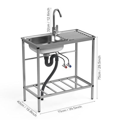 Stainless Steel Utility Sink Set, Freestanding Single Bowl Kitchen Sink, Outdoor Sink Station with Hose Hook Up, Storage Shelves for Garage, Restaurant, Kitchen, Laundry Room (Stainless Steel)