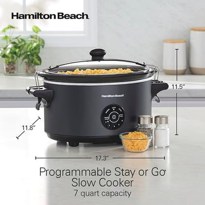 Hamilton Beach 7 Quart Stay or Go Portable Programmable Slow Cooker, 15 Cooking Options, Large Dishwasher Safe Stoneware Crock, Clip-Tight Glass Lid For Easy Travel, Black (33771)