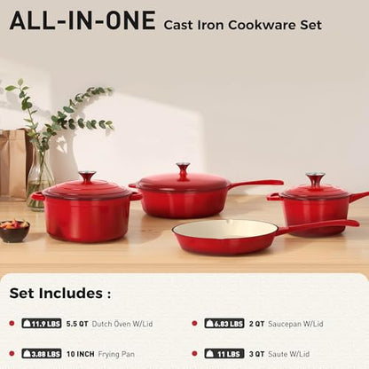 DishDelight Enameled Cast Iron Cookware Set, 7 Piece Induction Dutch Oven Set with Lid, Red Pots and Pans Set Nonstick, PFOA&PFAS Free