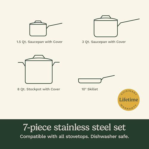Cuisinart 7-Piece Stainless Steel Pots and Pans Set, Cookware Set Compatible with Induction, Electric, Gas Cooktops, Aluminum Core for Quick Even Heat, Cool Grip Handles, Dishwasher Safe, Oven Safe