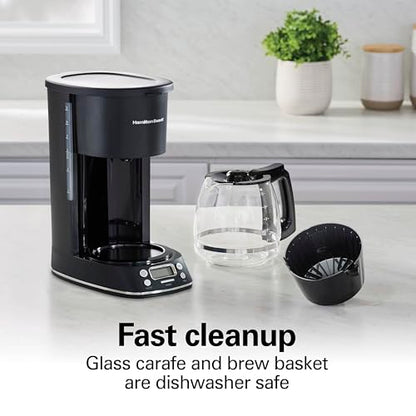 Hamilton Beach 12 Cup Programmable Hot & Iced Coffee Maker, Glass Carafe, Auto-Pause and Pour, 4-Hour Auto Shutoff, Black with Chrome Accents (43690J)