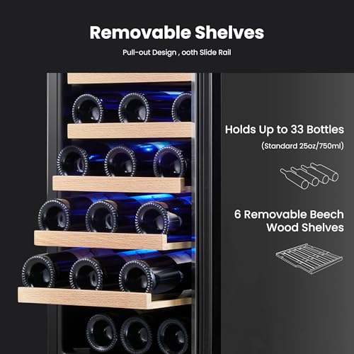 Yeego Wine Fridge Cooler - 15 Inch Wine Fridge Hold 33 Bottles, 40-65°F Wine Refrigerator Glass Door, Built in, Freestanding Under Counter Fridge for Beer Soda Drink Home Bar Office