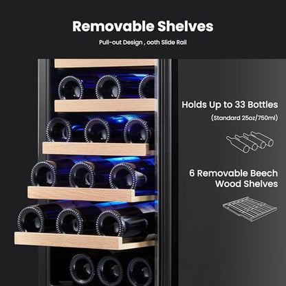Yeego Wine Fridge Cooler - 15 Inch Wine Fridge Hold 33 Bottles, 40-65°F Wine Refrigerator Glass Door, Built in, Freestanding Under Counter Fridge for Beer Soda Drink Home Bar Office