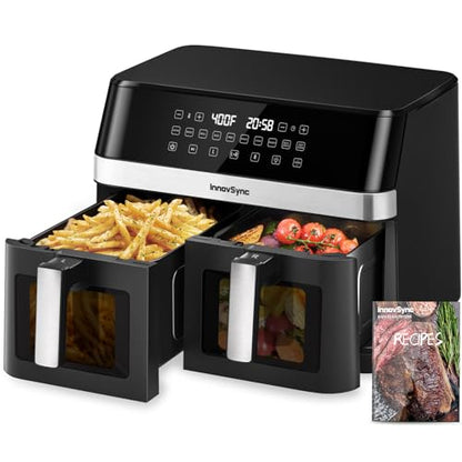 12QT Large Dual Air Fryer, 10-in-1 Double Zone Airfryer with 2×6QT Baskets, 60° Easy-Panel with Full Touchscreen, SyncCook Function, Viewing Window, Nonstick & Dishwasher Safe, 2 Dishes at Once, Black