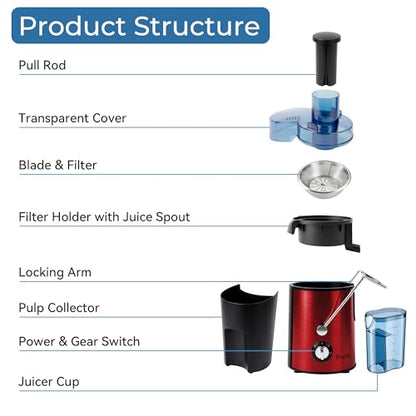 Boyuevi Juicer Machine, 800WCentrifugal Juicer for Whole Fruits and Vegetables,3 Inch Wide Feed Chute, Easy to Clean (red)