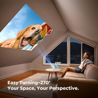 Mini-Projector with WiFi6 and Two-Way Bluetooth5.4, 1080P 4K Support, [Built-in Apps & 2026 Android 14] Portable Outdoor Movie Proyector for Bedroom, Auto Keystone & 270° Rotation for Phone/HDMI/USB