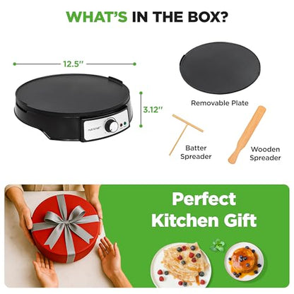 Electric Crepe Maker & Griddle Cooktop | Nonstick Reversible 12 Inch Hot Plate with LED Indicator Lights & Adjustable Temperature Control | Wooden Spatula & Batter Spreader NutriChef Included
