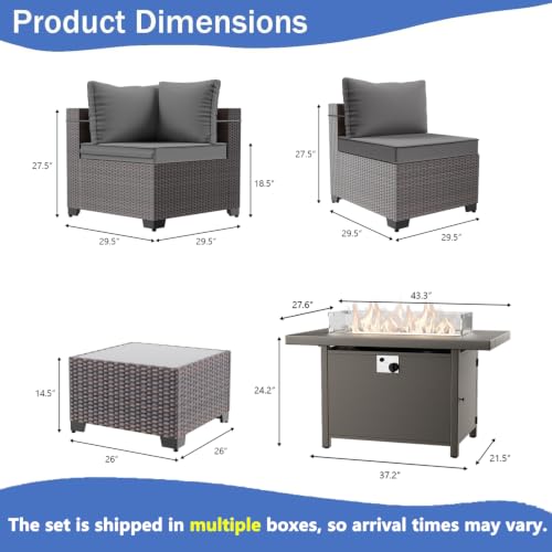 RTDTD 11 Pieces Outdoor Patio Furniture Set,Outdoor Sectional Furniture with 45" 55000 BTU Gas Propane Fire Pit Table,PE Rattan Wicker Patio Conversation Set,Swivel Rocking Chairs Set,Grey