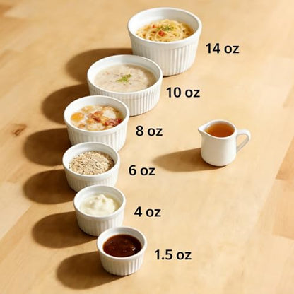 Cinf White 10 oz Set of 4 Souffle Dishes Ramekins Oven Microwave Safe Bowls Creme Brulee Sauce Cups for Baking Cooking Porcelain Individual Serving Size for Desserts