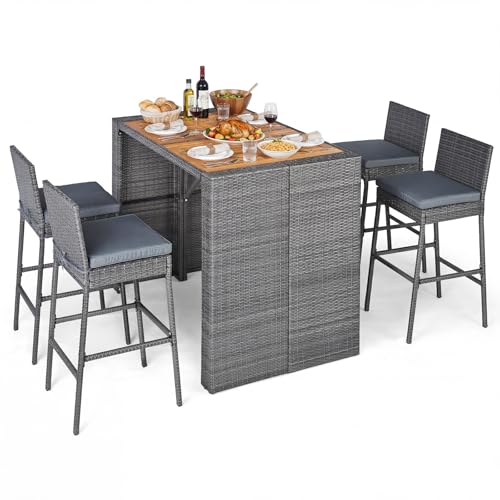 Tangkula 5 Piece Wicker Outdoor Bar Set, Patiojoy Acacia Wood Patio Table and Chairs Set with Bar Height Table & 4 Rattan Bar Stool, Backrest and Footrest for Pool Backyard Deck