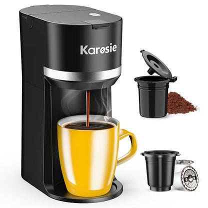 Karosie Single Serve Coffee Maker for K-Cup and Grounds, Fast Brew, 6-12 oz Brew Sizes Single Cup Coffee Maker Fits 5.5" Mugs, One-Button Small Coffee Maker, Descaling Reminder,Black,9.45 Inches