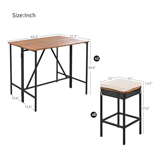 Polibi 10-Piece Large Wicker Bar Set - Extendable Table & 8 Stools, Outdoor Entertaining Furniture, Brown