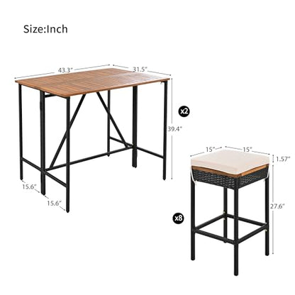 Polibi 10-Piece Large Wicker Bar Set - Extendable Table & 8 Stools, Outdoor Entertaining Furniture, Brown