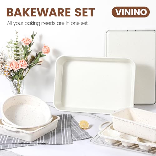 Vinino 8-Piece Baking Pans Set Nonstick, Bakeware Set includes Silicone Muffin, Loaf, Cake Pans with Metal Reinforced Frame, and Carbon Steel Roasting Pan, Cookie Sheet, Cooling rack for Oven-Cream