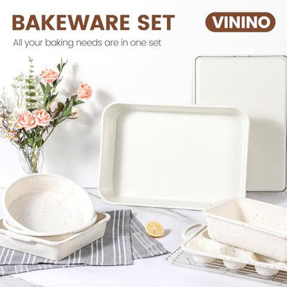 Vinino 8-Piece Baking Pans Set Nonstick, Bakeware Set includes Silicone Muffin, Loaf, Cake Pans with Metal Reinforced Frame, and Carbon Steel Roasting Pan, Cookie Sheet, Cooling rack for Oven-Cream