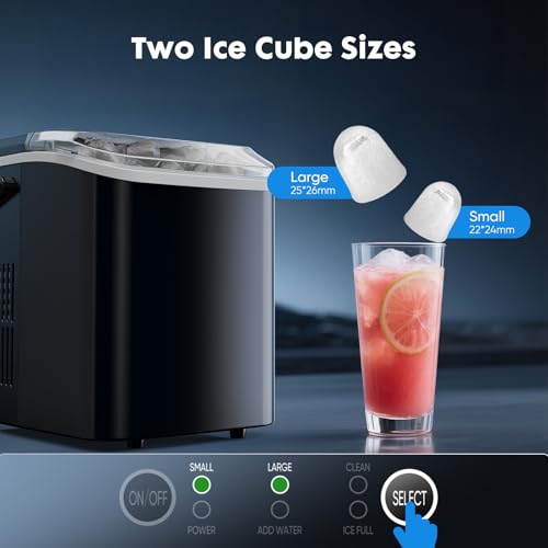 Sweetcrispy Countertop Ice Maker with Scoop, Basket and Handle, Portable Ice Machine 9 Cubes Ready in 6 Mins, 26.5lbs in 24Hrs, 2 Sizes for Home Kitchen Office Bar Party, Coal Black