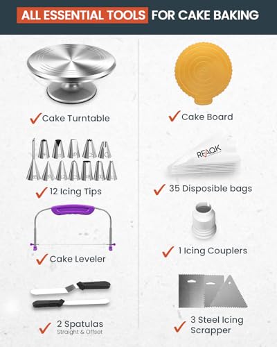 RFAQK 50PCs Cake Decorating Supplies Kit with 12" Aluminum Rotating Cake Turntable Stand, Professional Leveler, Straight & Offset Spatulas, 12 Numbered Icing Tips & Bags