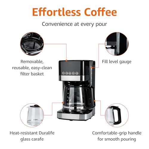 Amazon Basics Programmable 12 Cup Drip Coffee Maker with Glass Coffee Pot (1.9 Qt), Auto Shut-off, Touch Screen, Auto Pause, Removable Filter Basket, Black & Silver