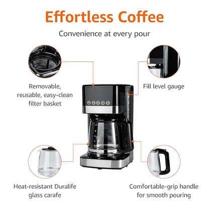 Amazon Basics Programmable 12 Cup Drip Coffee Maker with Glass Coffee Pot (1.9 Qt), Auto Shut-off, Touch Screen, Auto Pause, Removable Filter Basket, Black & Silver