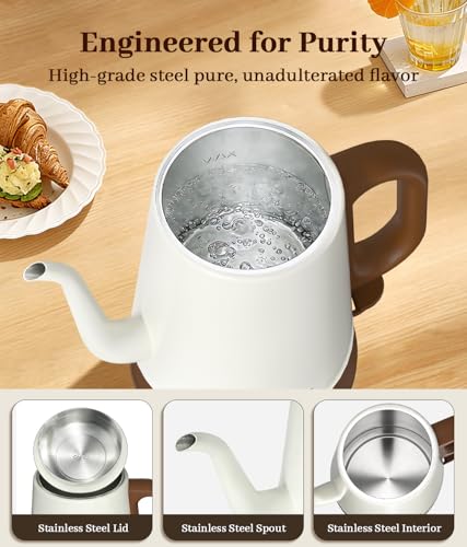 YTLAD Gooseneck Electric Kettle 1L, 1000W Fast Boiling for Pour-Over Coffee & Tea, 304 Stainless Steel BPA-Free, Precise Flow Spout, Auto Shut-Off & Boil-Dry Protection, Retro Style (White)