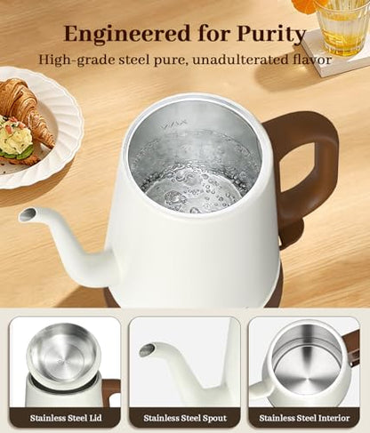YTLAD Gooseneck Electric Kettle 1L, 1000W Fast Boiling for Pour-Over Coffee & Tea, 304 Stainless Steel BPA-Free, Precise Flow Spout, Auto Shut-Off & Boil-Dry Protection, Retro Style (White)