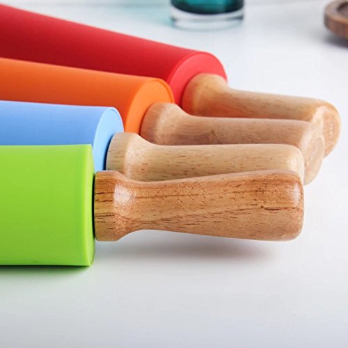 Silicone Rolling Pin with Wooden Handle - Non Stick Surface Dough Roller-roller pins for baking Pastry,Pizza,Fondant,Tortilla, Bread Crus& Christmas Cookies Supplies Gift for Home Bakers.