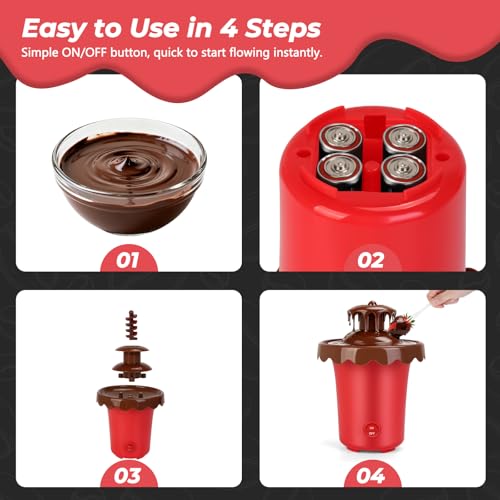 Mini Chocolate Fountain Machine, Removable Cheese for Chocolate, Candy, Portable Chocolate Melt Machine for Party, Camping, Birthday, Wedding, Powered by 4 x C Batteries(Not Included) (Red Plastic)