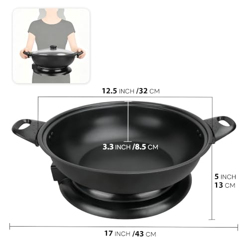 FineMade Electric Wok with Lid, 1400W, Ceramic Coating, Dishwash-safe