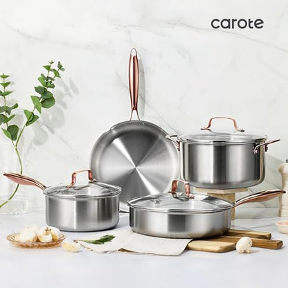 CAROTE 7-Piece Tri-Ply Stainless Steel Frying Pan Set, Skillet Set 8"/10"/12", Induction Compatible, Oven & Dishwasher Safe, Gold Handle