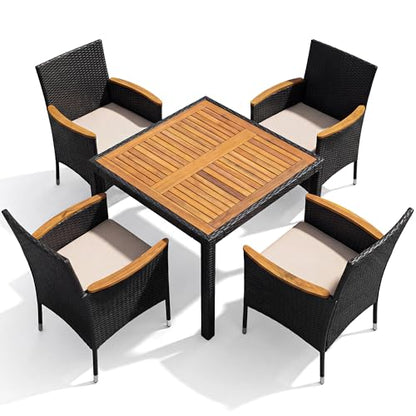 Devoko 5 PCS Acacia Wood Patio Dining Set, Black Rattan