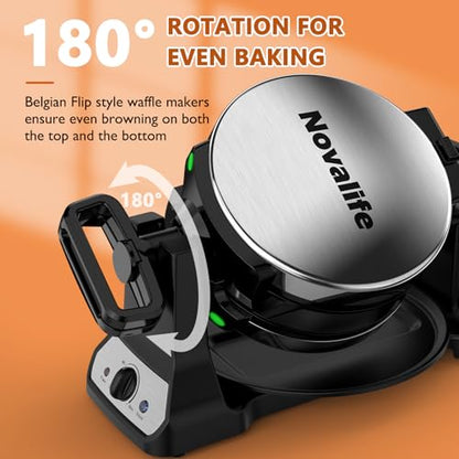 Waffle Maker, 1400W Belgian Waffle Maker, Double Waffle Iron 180° Flip, Rotating Nonstick Plates, Adjustable Browning Control, Locking Buckle & Cool Touch Handle, Removable Drip Tray, Stainless Steel