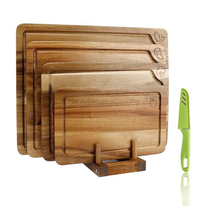 Wood Cutting Board Set of 4, Wooden Chopping Boards with Food Icons for Kitchen, Charcuterie Board for Meat, Vegetables, Fruits, Cheese